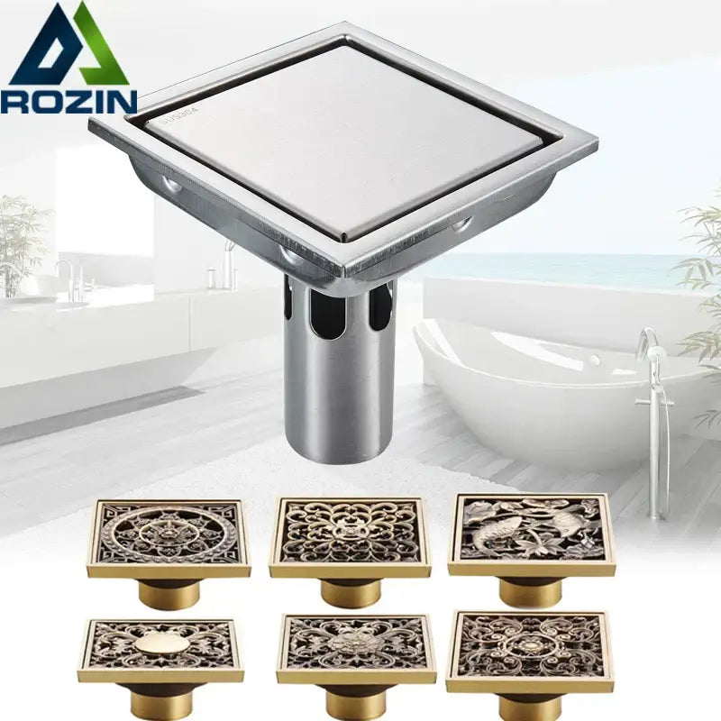 Decorbites antique brass shower floor drain with a square stainless steel base and ornate bronze floral fish cover