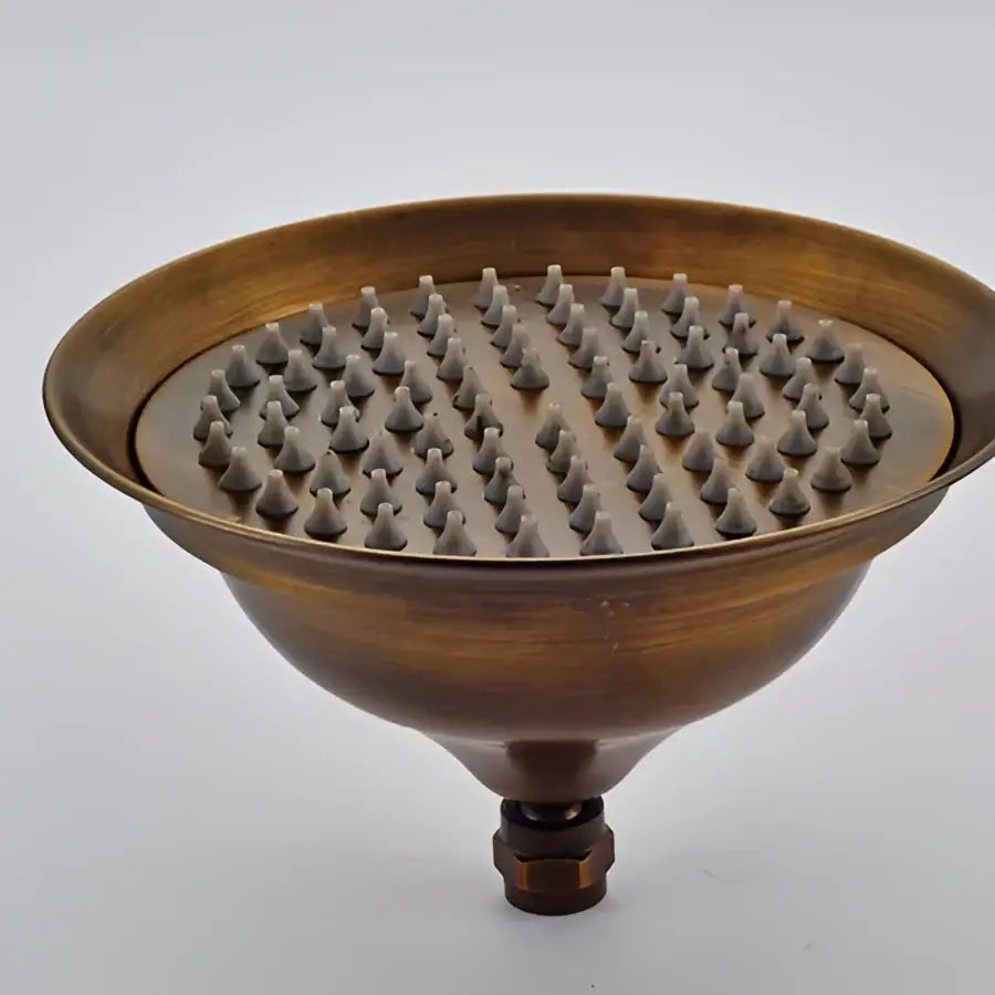 Antique brass shower set featuring an 8 inch rain head with a circular array of textured nozzles by decorbites