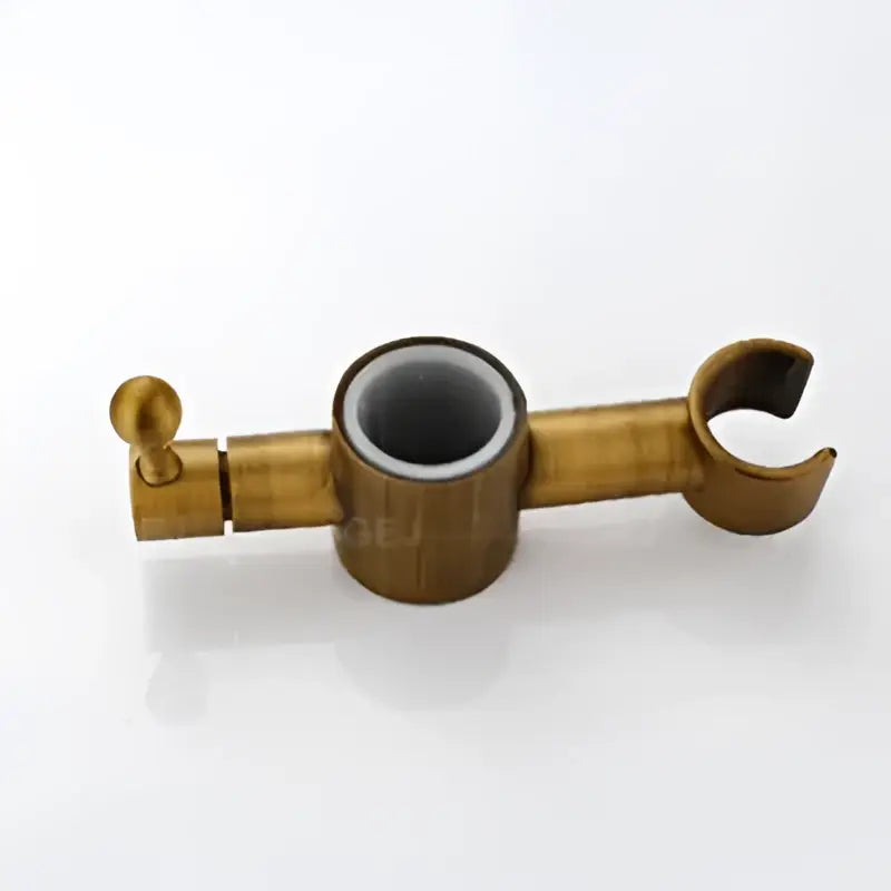 Gold-colored metal clothing rack with central cylindrical hole and curved hooks in decorbites antique brass shower set