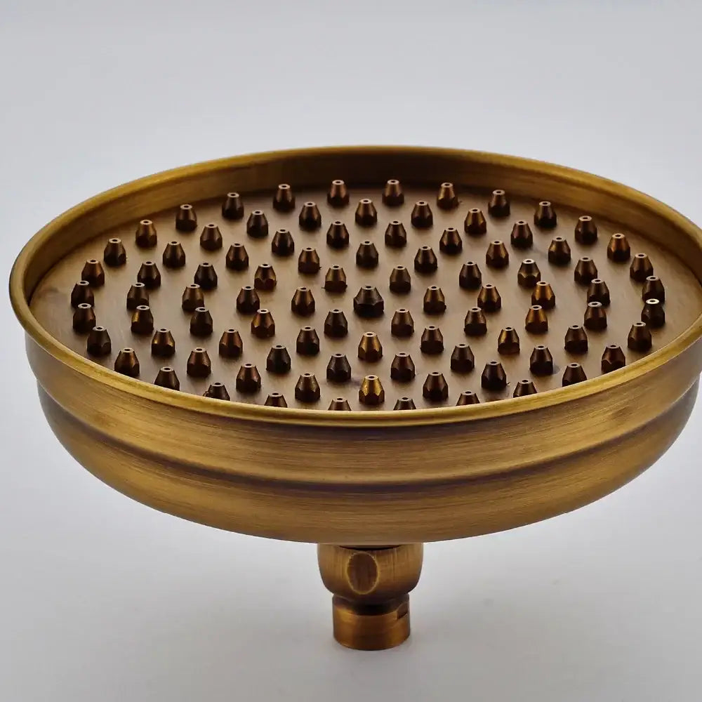 Antique brass shower set featuring an 8 inch round rain shower head with multiple nozzles by DecorBites