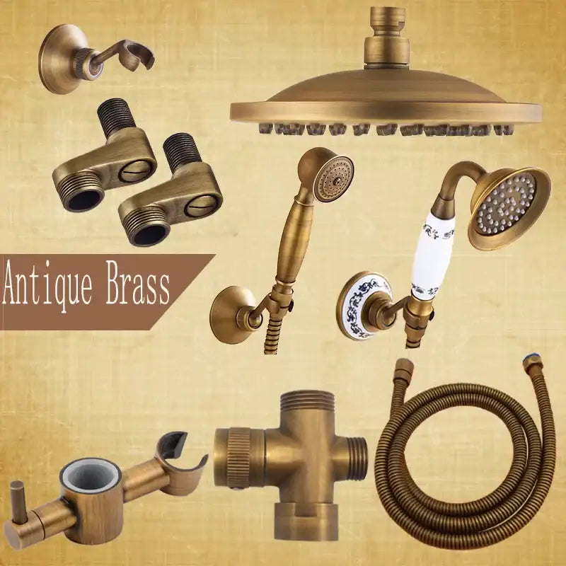 Antique brass shower set with 8 inch rain head, handheld sprayer, hose, angle valve, and ceramic handle by decorbites