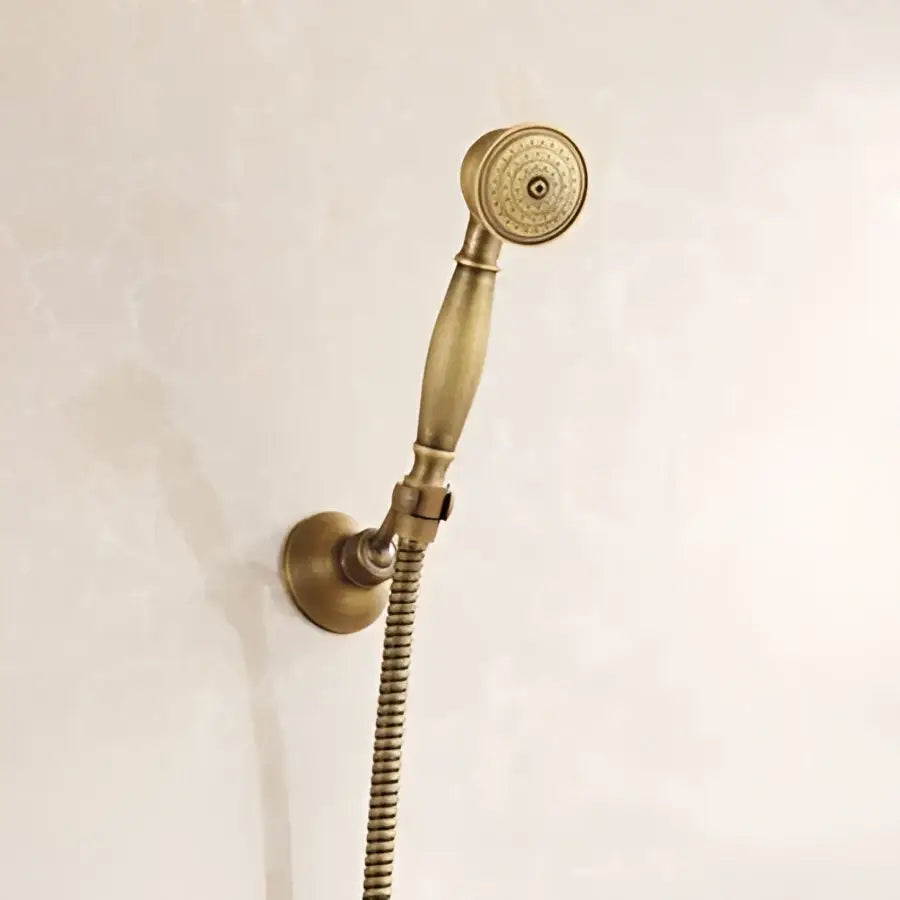 Antique brass handheld showerhead with ornate design and spiral hose in DecorBites shower set