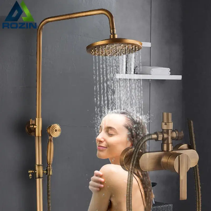 Decorbites™ antique brass shower set with brass-finished rainfall mixer faucet and handheld nozzle in antique brass finish