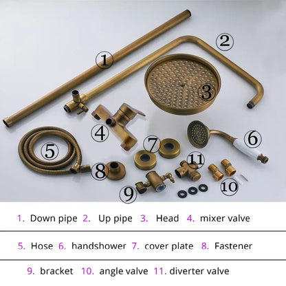 Brass-finished showerhead with circular design and multiple spray holes from decorbites antique brass shower set