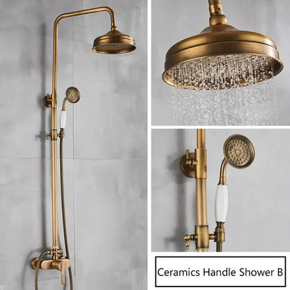 DecorBites antique brass shower set with single handle wall mount, fixed overhead rainhead, and handheld ceramic handle