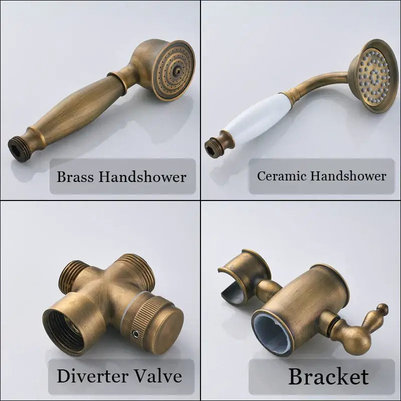 Antique brass shower set with handheld showerhead featuring textured circular spray face and ergonomic handle by DecorBites