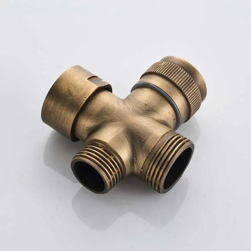 Brass-colored three-way pipe fitting with knurled knob for decorbites antique brass shower set with diverter and handshower