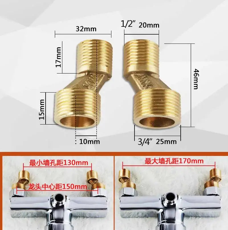 Gold-colored brass pipe fittings with threaded connections and dimension markings for DecorBites™ antique brass shower set