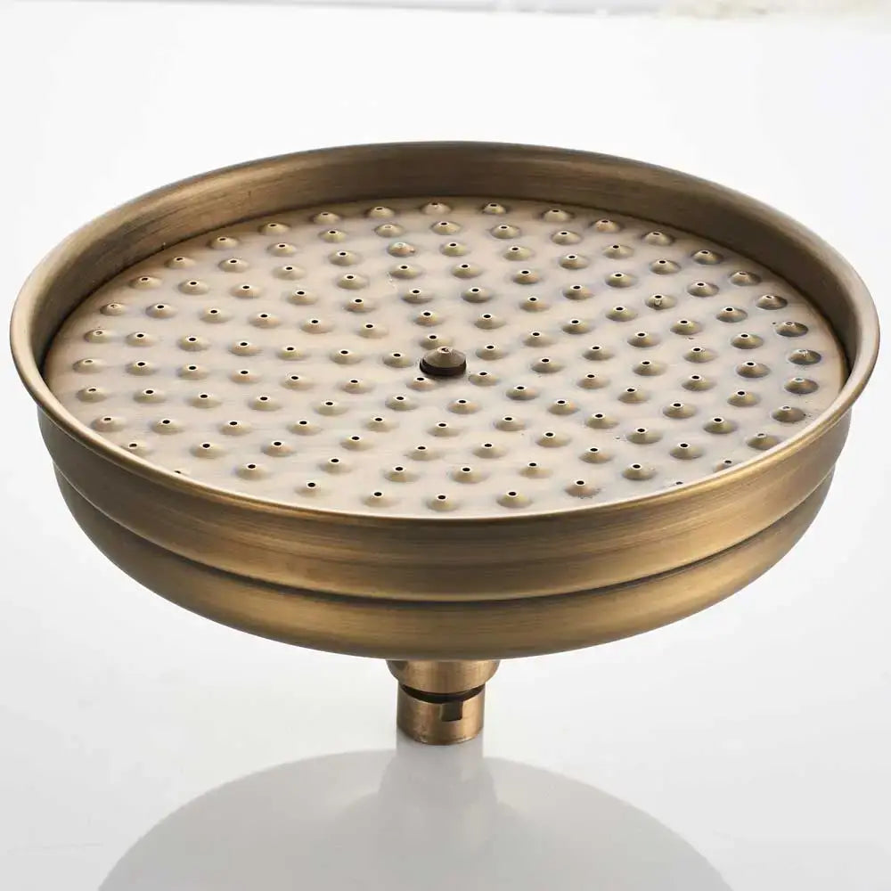 DecorBites™ antique brass shower set with circular antique brass shower head featuring numerous small nozzles