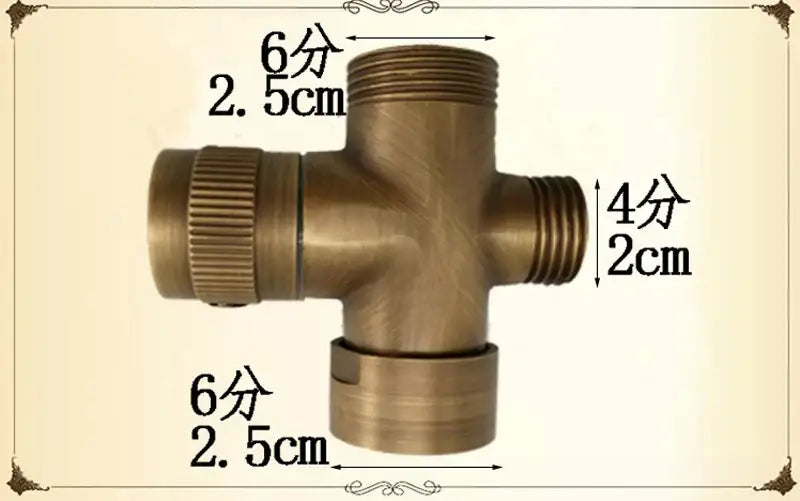 Bronze-colored brass plumbing tee with threaded connections for 6-inch and 4-inch fittings in decorbites antique brass shower set