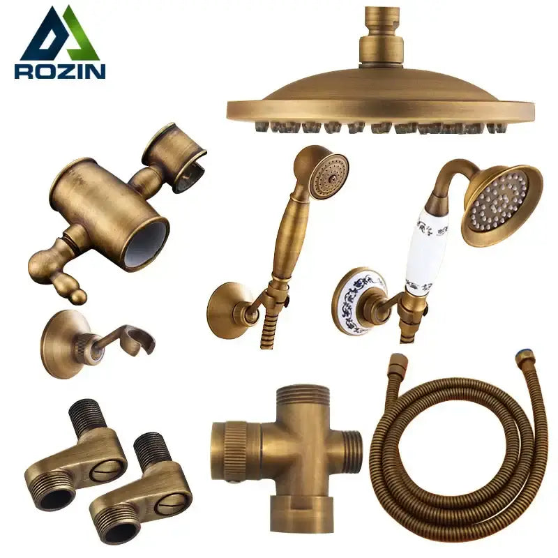 Decorbites antique brass shower set with 3-way diverter rainhead handheld sprayer and matching fixtures in brass finish