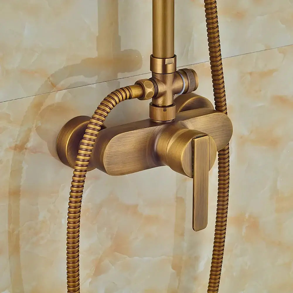 Decorbites™ antique brass shower set with 8 inch rainfall head, hand sprayer, sleek design, and flexible braided hoses