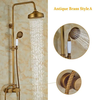 Decorbites antique brass shower set with 8 inch rainfall head and handheld sprayer featuring white ceramic handles