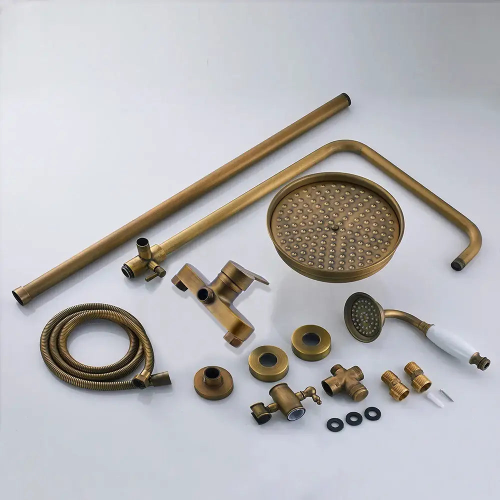 Decorbites™ antique brass shower set with brass finish includes 8 inch round rainfall head and handheld sprayer