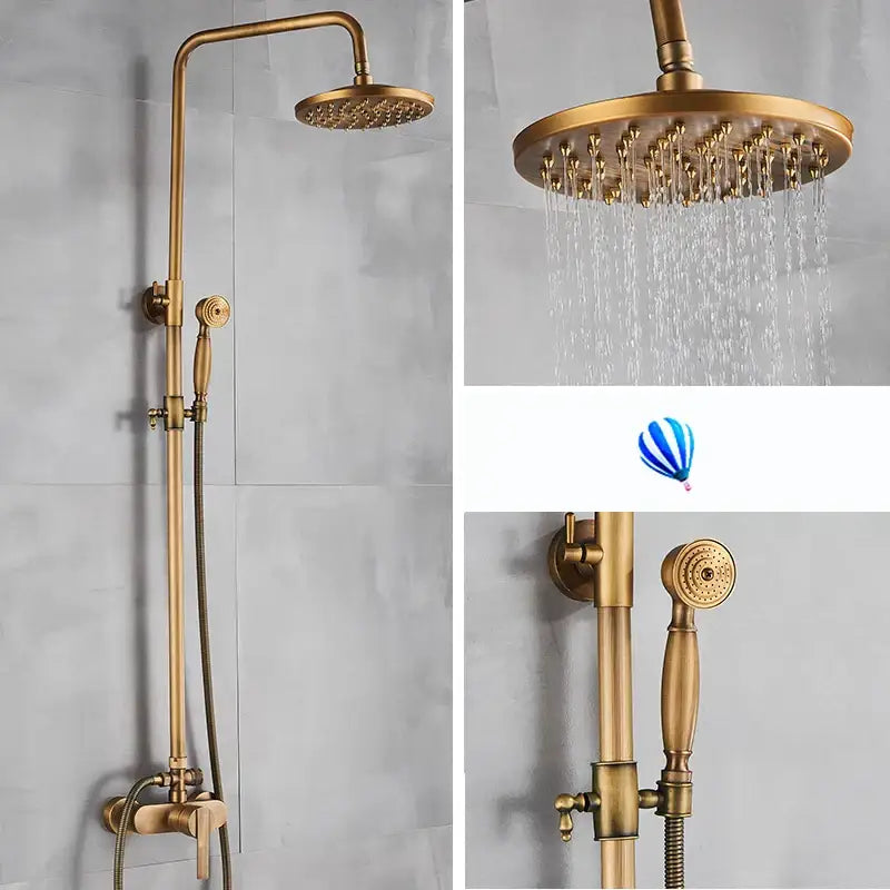 Decorbites antique brass shower set with large rainhead and handheld nozzle in brass finish for luxury bathroom use