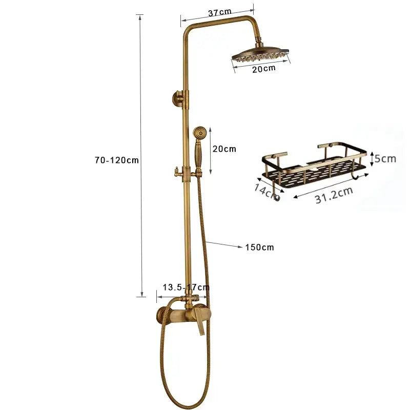 Decorbites™ antique brass shower set with 20cm rainhead handheld sprayer and matching metal caddy in antique brass finish