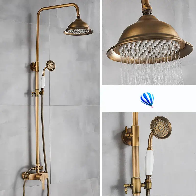 Decorbites™ antique brass shower set with overhead rainhead and handheld nozzle featuring white ceramic handles