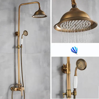 Decorbites™ antique brass shower set with overhead rainhead and handheld nozzle featuring white ceramic handles