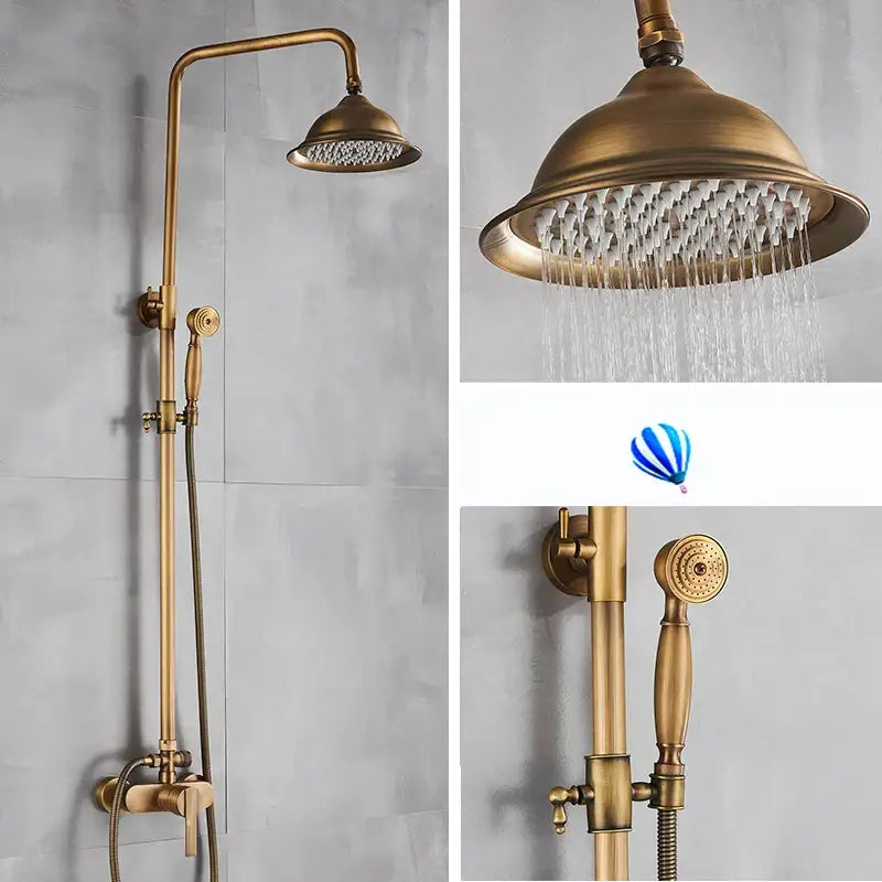 DecorBites™ antique brass shower set with large overhead rainhead and handheld nozzle in antique brass finish
