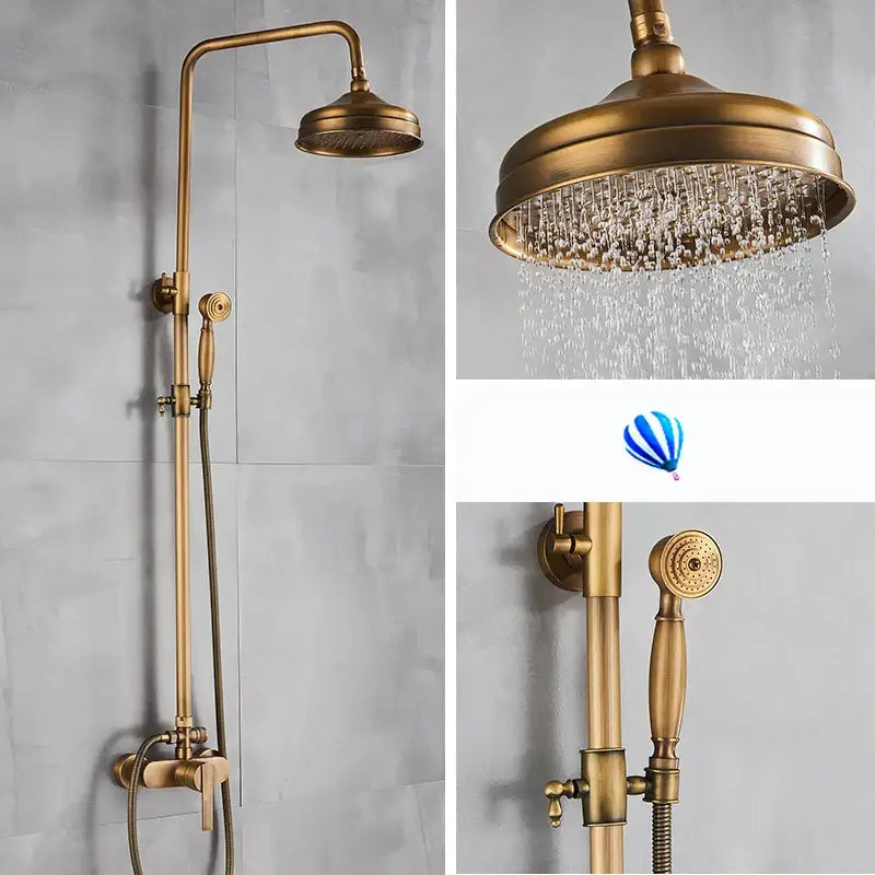 Decorbites antique brass shower set featuring a brass-finished vintage-style fixed rainhead and handheld spray nozzle