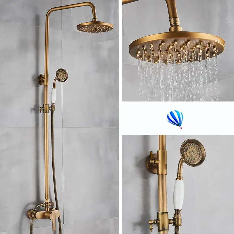 Decorbites antique brass shower set with round rainhead and handheld nozzle featuring white ceramic handles