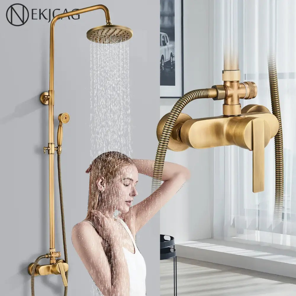 DecorBites antique brass shower set with gold-finished brass rainhead and handheld sprayer for a luxury bathroom
