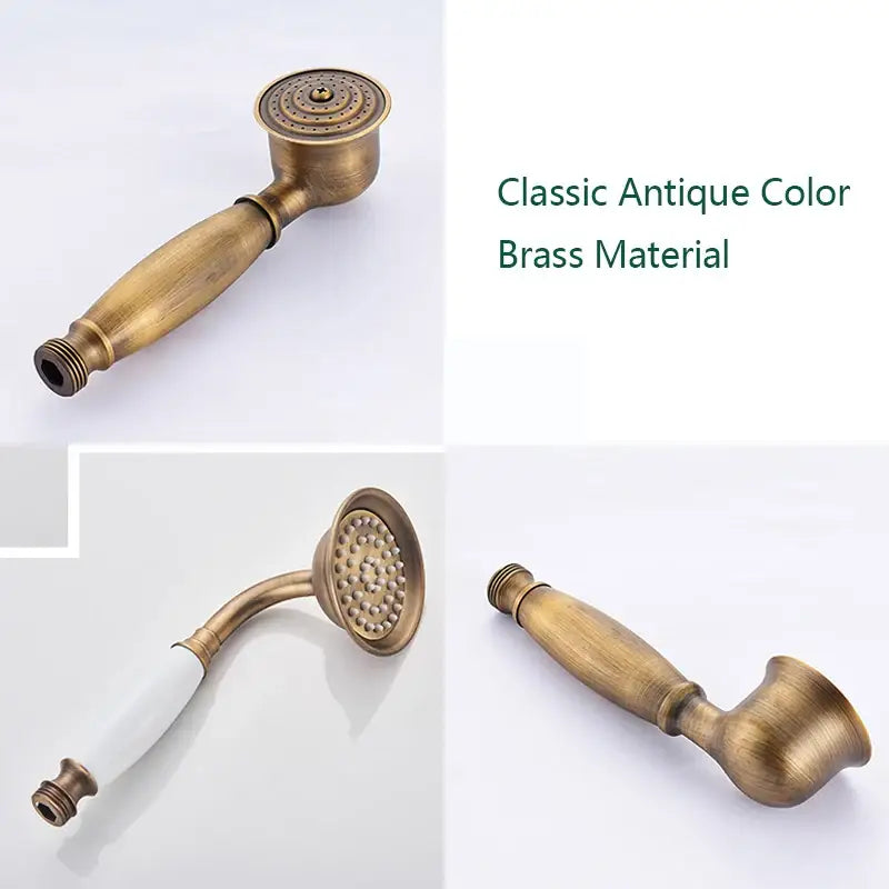 DecorBites™ antique brass shower set featuring a vintage brass showerhead with textured nozzle for classic bathrooms