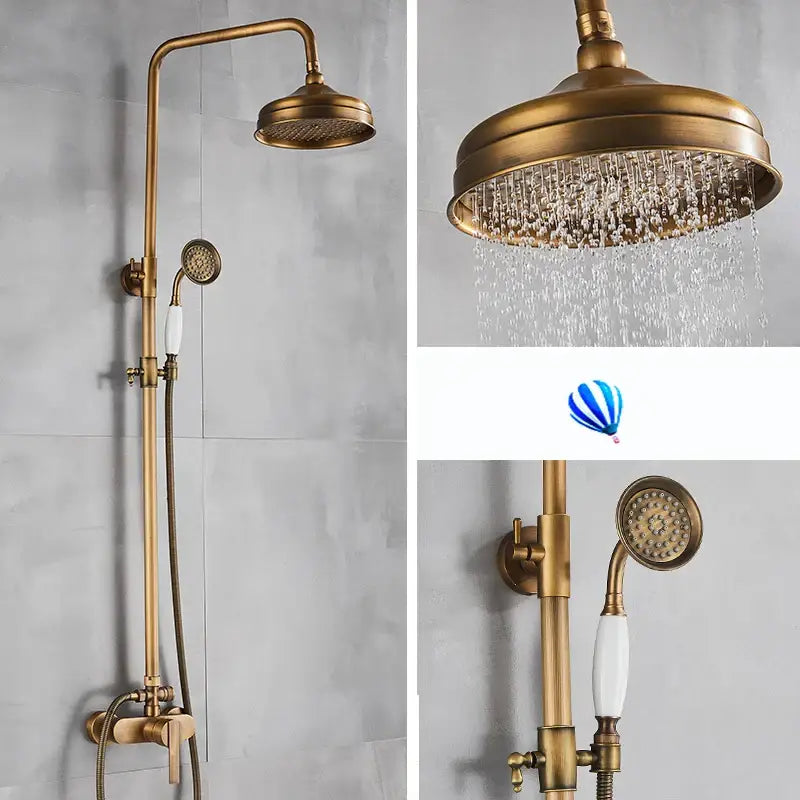 Decorbites antique brass shower set with rainhead and handheld nozzle featuring white ceramic handles