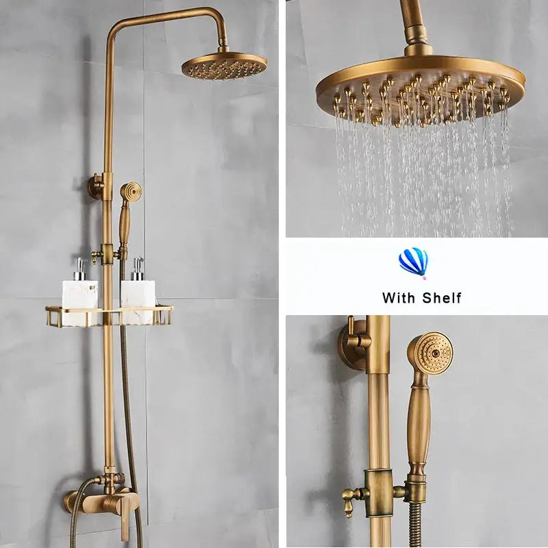 Decorbites antique brass shower set with rainhead handheld spray and integrated shelf for toiletries