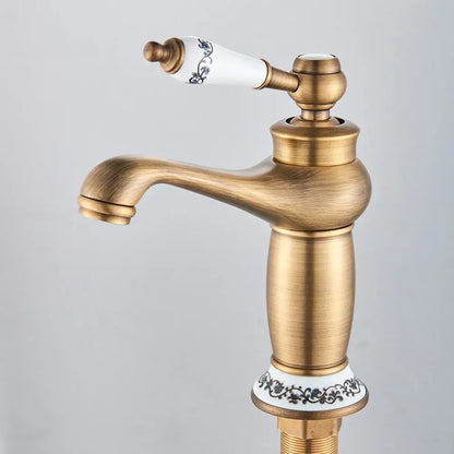 DecorBites antique brass kitchen sink faucet with white ceramic handle and black floral patterns single handle mixer