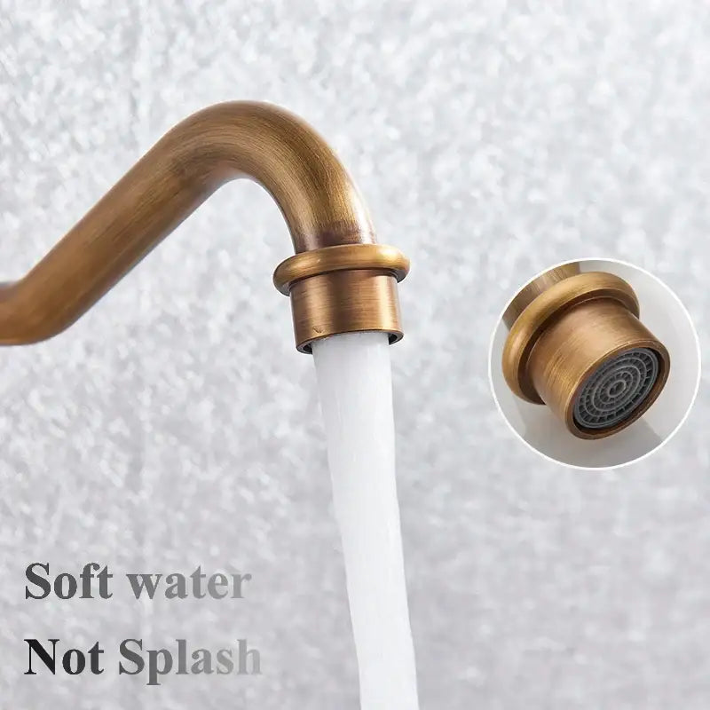 Decorbites antique brass kitchen sink faucet with single handle curved spout and circular multi-hole spray head