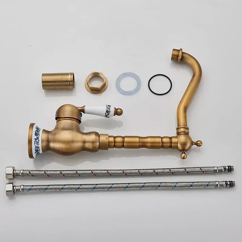 DecorBites antique brass kitchen sink faucet with single handle ceramic accents for hot and cold water mixer