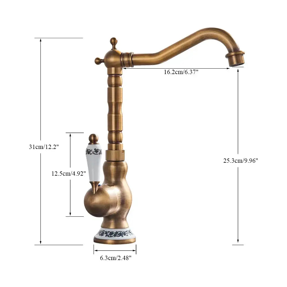 DecorBites antique brass kitchen sink faucet with white ceramic handle and blue floral pattern for hot and cold water mixing