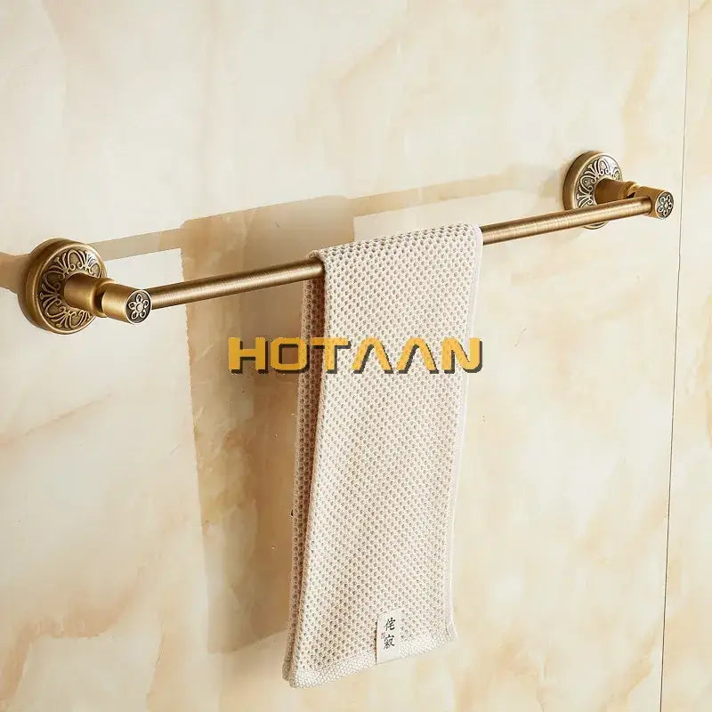 DecorBites antique brass single towel bar with ornate floral detailing wall mounted bathroom holder