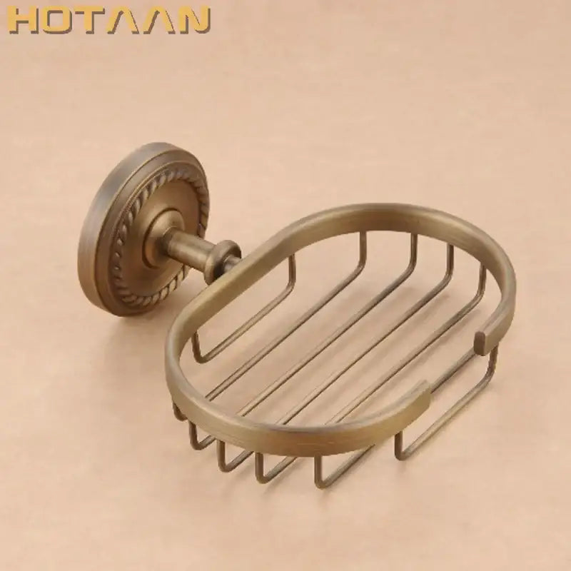 DecorBites™ antique brass soap holder with ornate circular backplate and wire mesh basket brass soap holder for bathroom