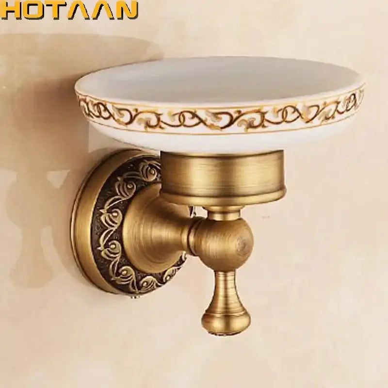 DecorBites antique brass soap holder with white ceramic bowl featuring gold ornate patterns wall-mounted brass soap holder