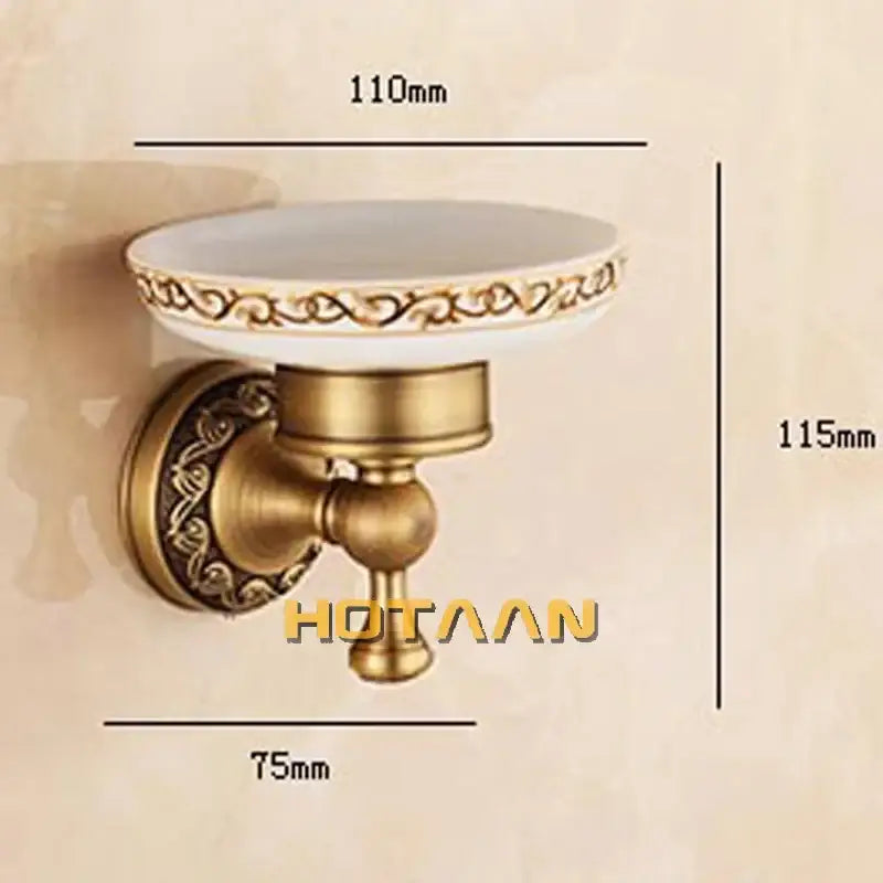 DecorBites antique brass soap holder wall-mounted with white ceramic bowl and gold ornate detailing for bathroom use