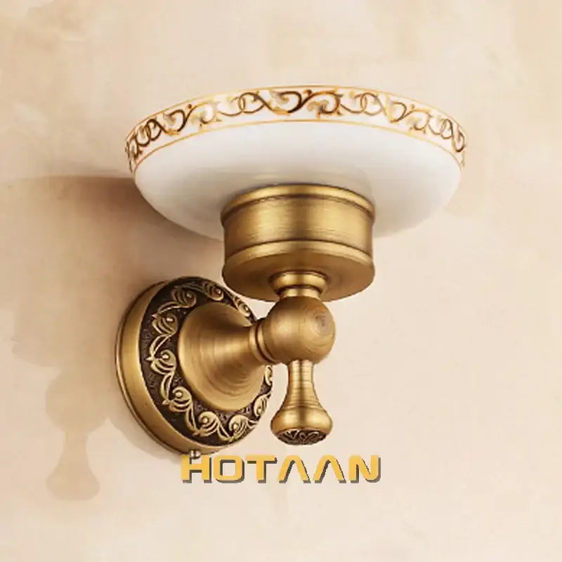 DecorBites antique brass soap holder with white marble top and ornate gold detailing for bathroom use