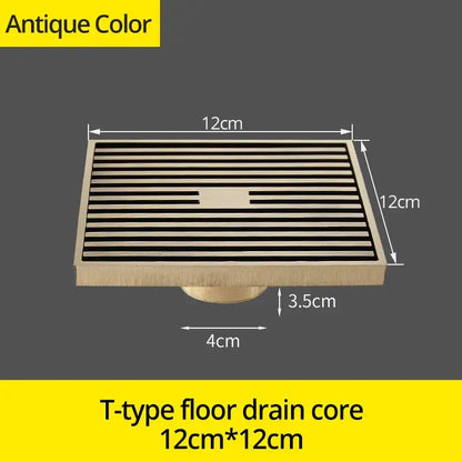 Decorbites™ antique brass square bath drain strainer with t-type core and 12cm x 12cm brass square grid design