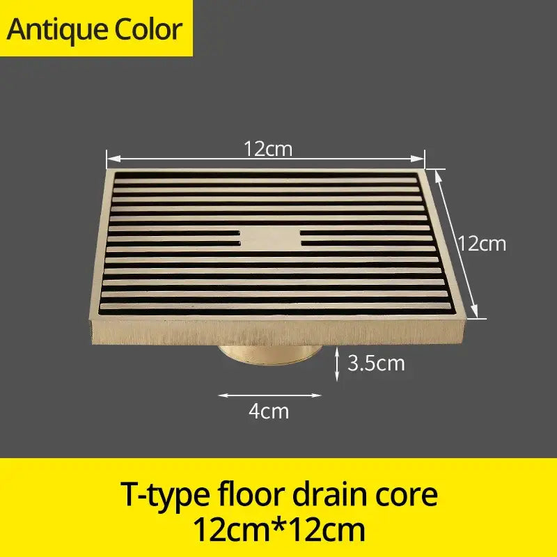 Decorbites™ antique brass square bath drain strainer with t-type core and 12cm x 12cm brass square grid design