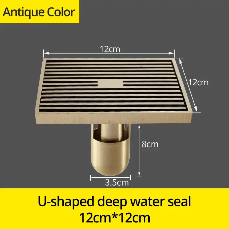Decorbites antique brass square bath drain strainer with horizontal slats and deep u-shaped water seal in brass finish