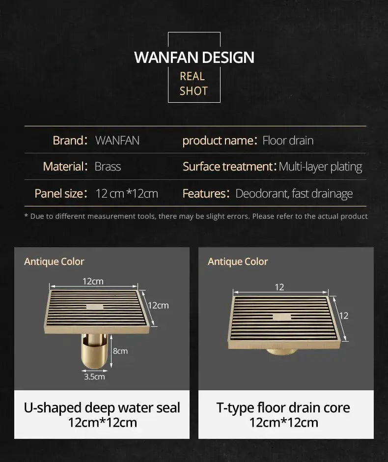 Decorbites™ antique brass square bath drain strainer with multi-layer plated floor grate and 12cm slatted panel