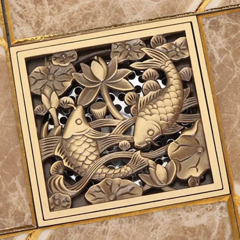 DecorBites antique brass square fish carved floor drain cover with intricate koi fish and lotus flower design
