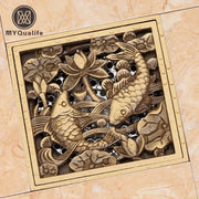DecorBites antique brass square fish carved floor drain cover with gold color and detailed lotus flower design