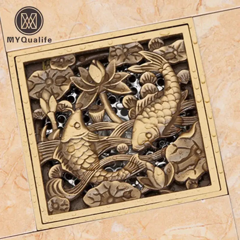 DecorBites antique brass square fish carved floor drain cover with gold color and detailed lotus flower design