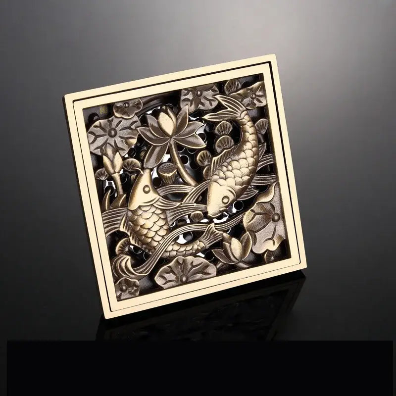 DecorBites antique brass square fish carved floor drain cover with intricate 3d relief of fish and lotus flowers