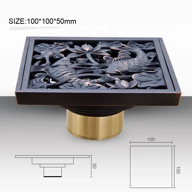 DecorBites™ antique brass square fish carved floor drain with bronze finish and intricate lotus and fish design