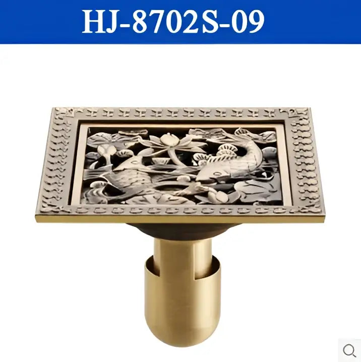 Decorbites antique brass square floor drain with intricate dragon and lotus leaf engraving for shower use
