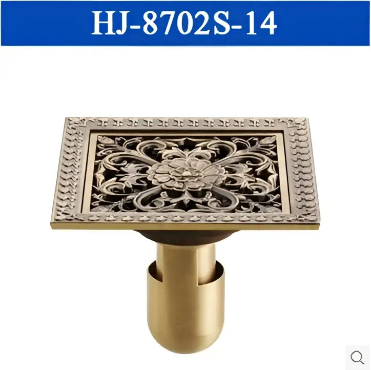 Decorbites™ antique brass square floor drain with ornate floral engraving and beaded border for shower floors