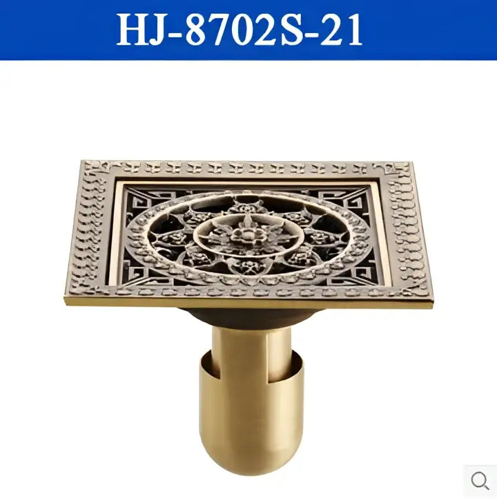 Decorbites™ antique brass square floor drain with intricate floral and geometric embossed design for shower floors